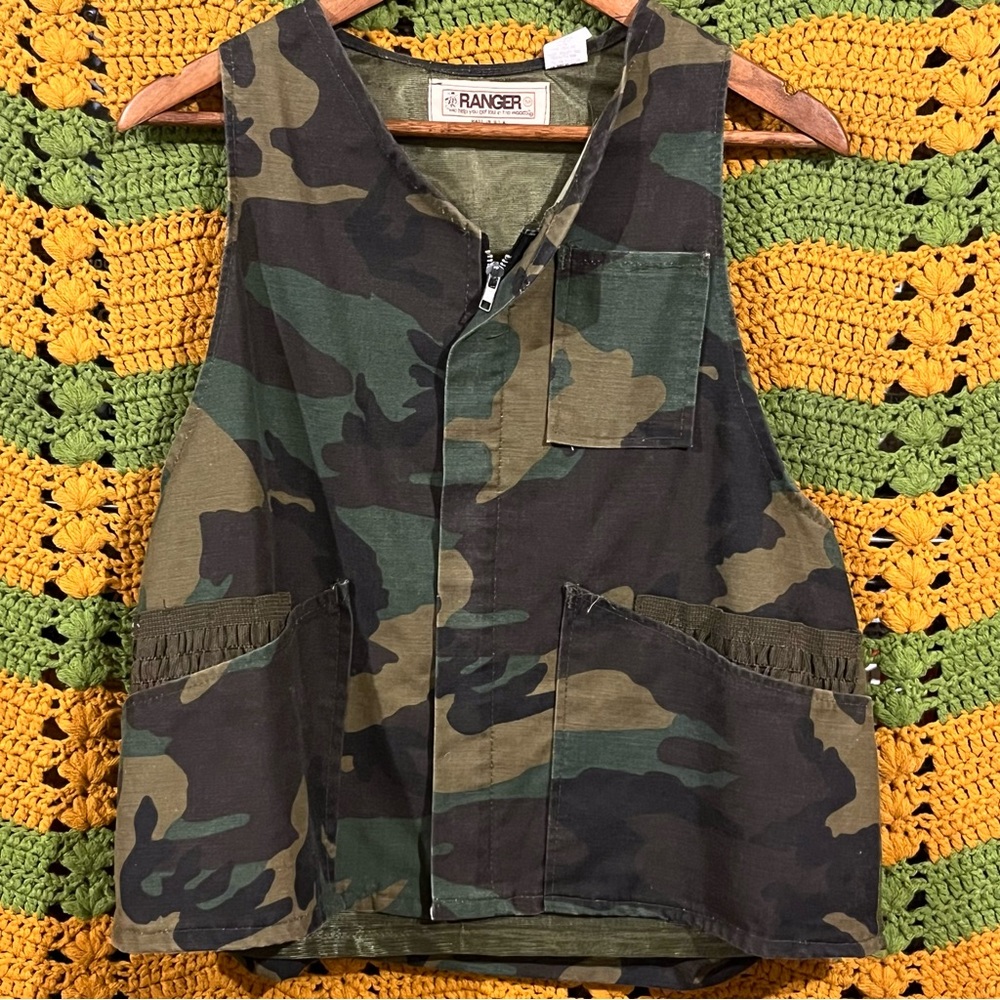 Vintage Ranger Camo Utility Vest Zip Front Cargo Pockets USA Made M